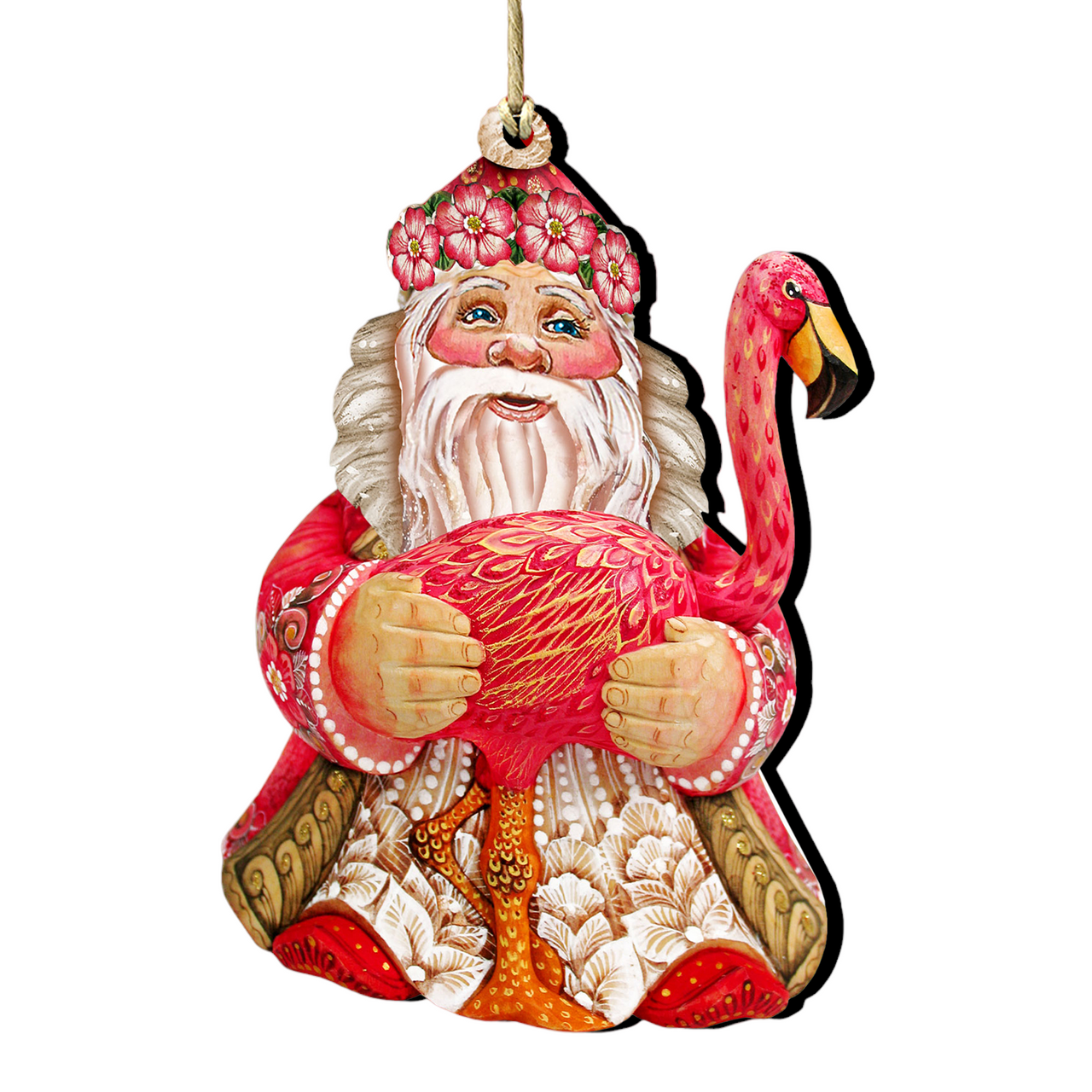 Set Of 2 Santa With A Flamingo Wooden Christmas Ornaments 5.5"