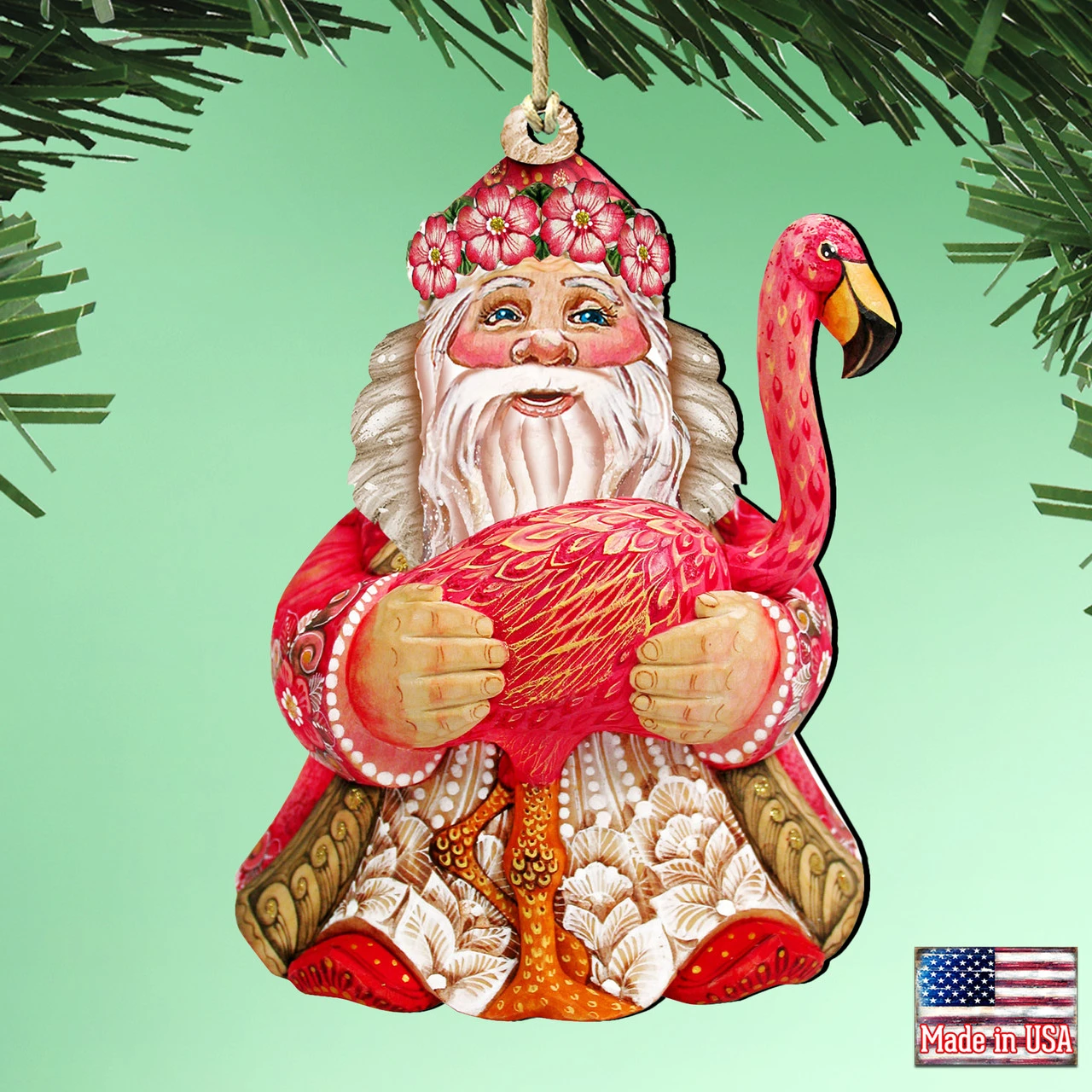 Set Of 2 Santa With A Flamingo Wooden Christmas Ornaments 5.5" - Image 2