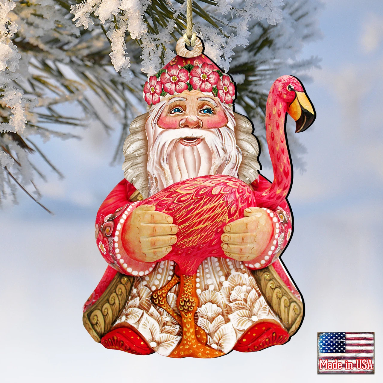 Set Of 2 Santa With A Flamingo Wooden Christmas Ornaments 5.5" - Image 4