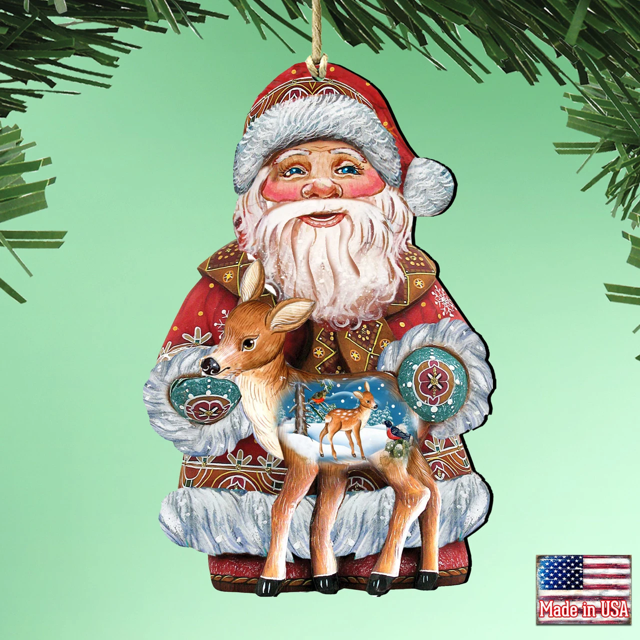 Set Of 2 Santa Claus Fawn Wooden Christmas Ornaments 5.5" - Image 2