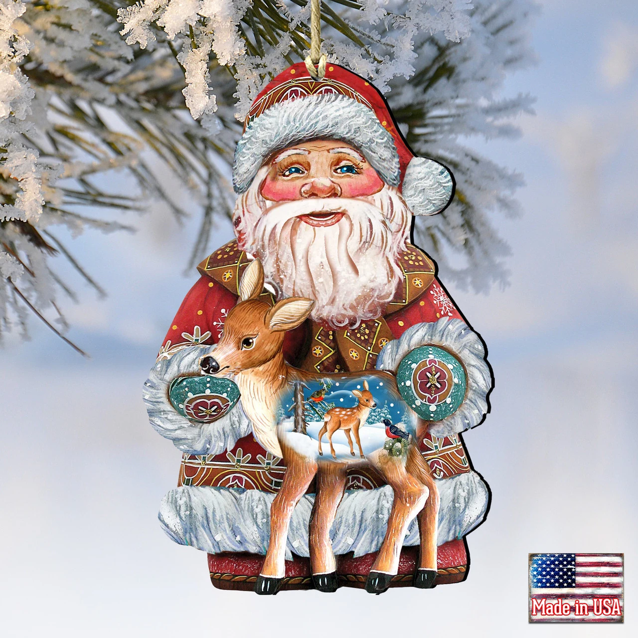 Set Of 2 Santa Claus Fawn Wooden Christmas Ornaments 5.5" - Image 4