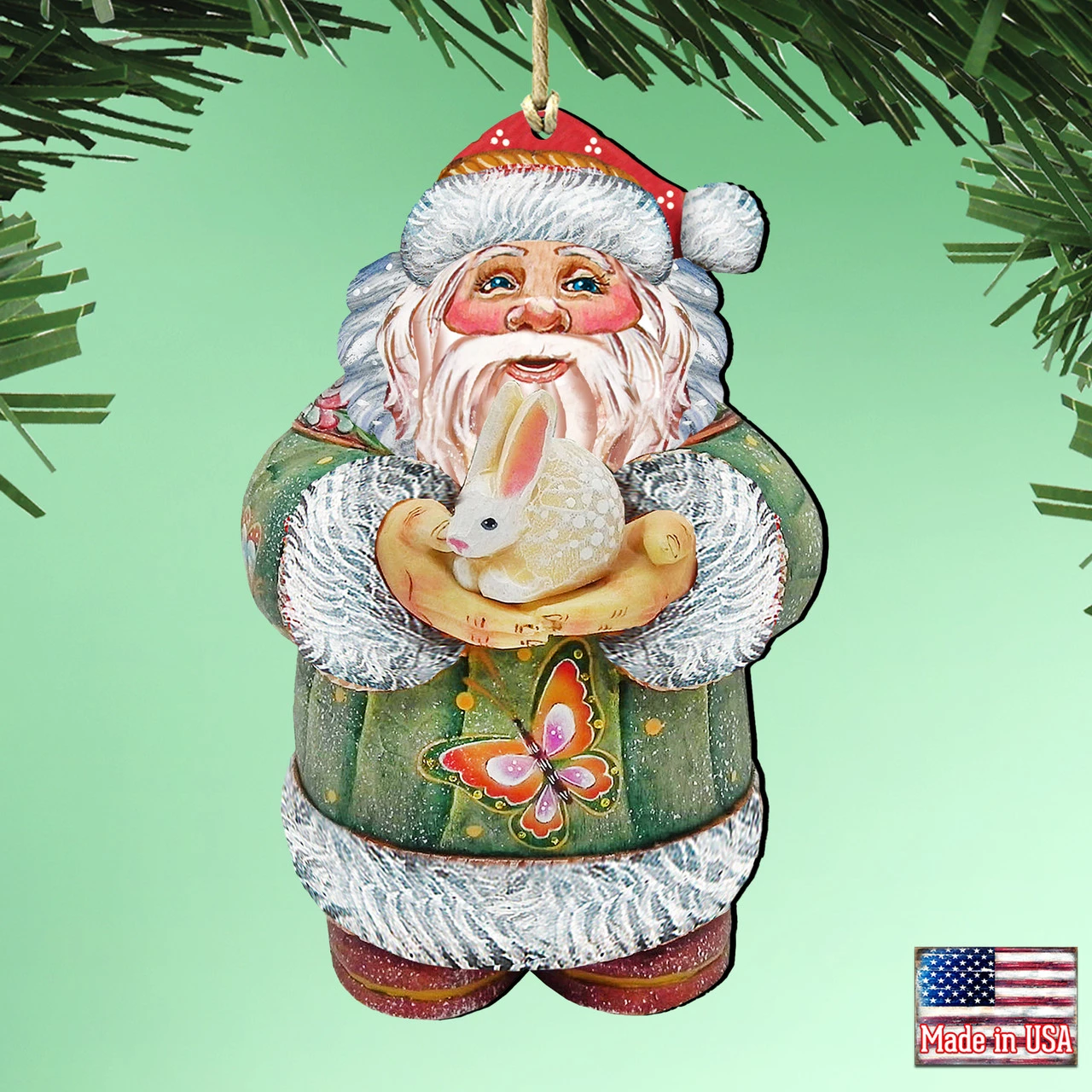 Set Of 2 Santa Adorable Bunny Wooden Christmas Ornaments 5.5" - Image 2