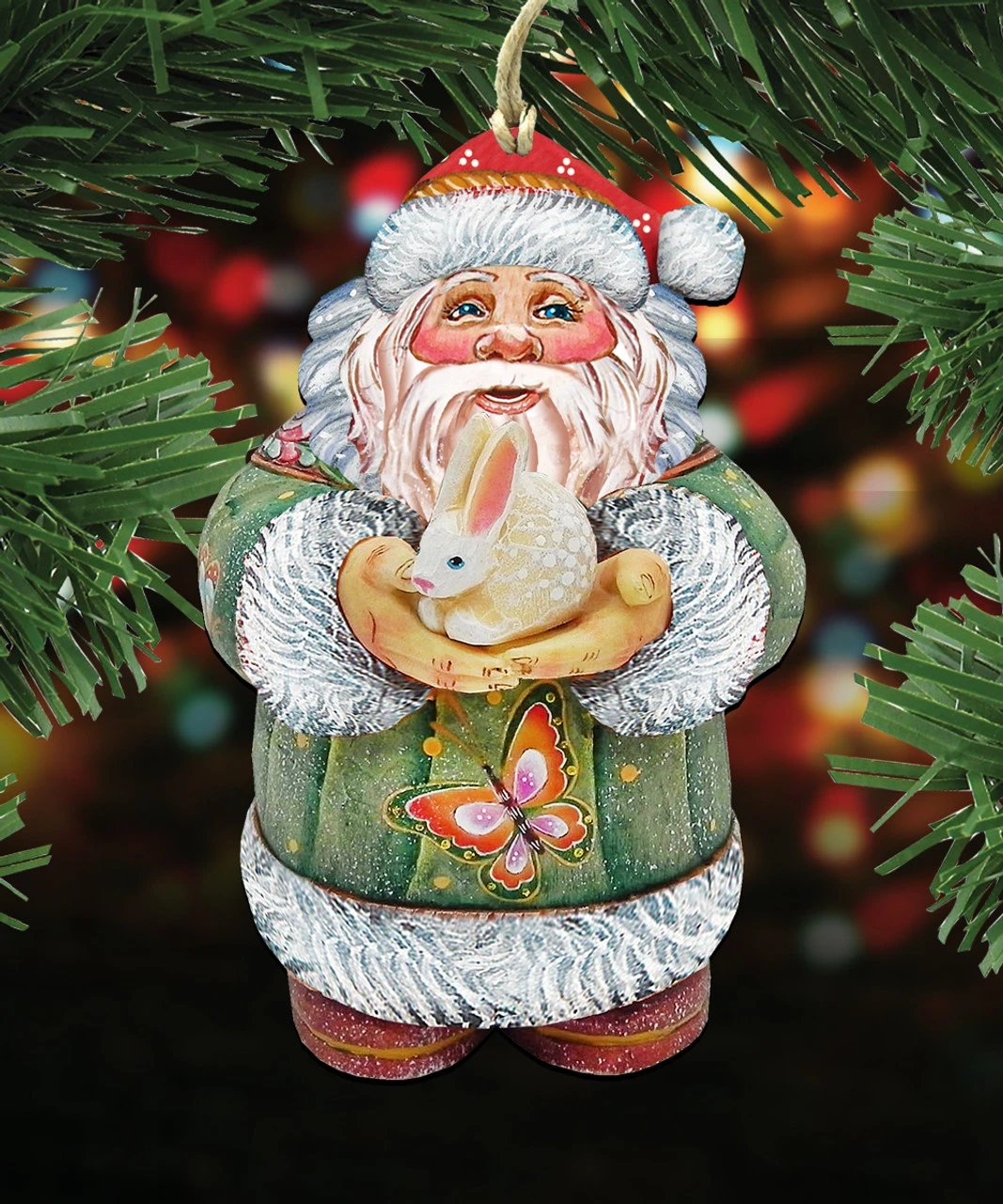 Set Of 2 Santa Adorable Bunny Wooden Christmas Ornaments 5.5" - Image 4