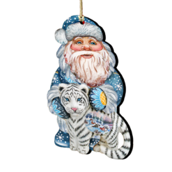 Set Of 2 Winter Santa White Tiger Wooden Christmas Ornaments 5.5"