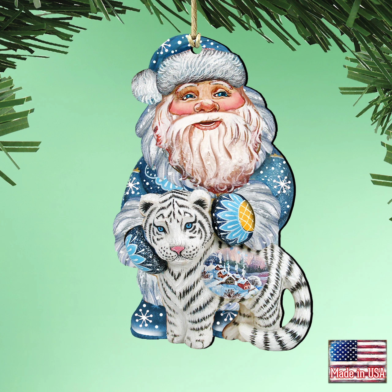 Set Of 2 Winter Santa White Tiger Wooden Christmas Ornaments 5.5" - Image 2