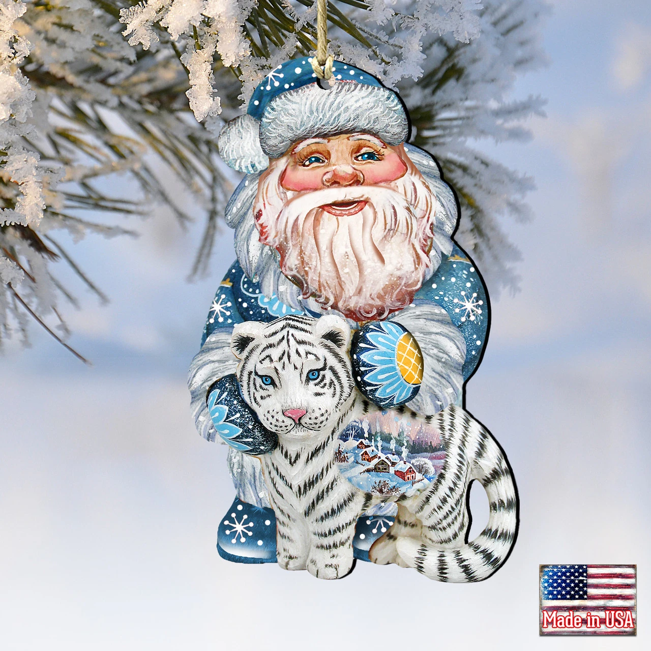 Set Of 2 Winter Santa White Tiger Wooden Christmas Ornaments 5.5" - Image 4