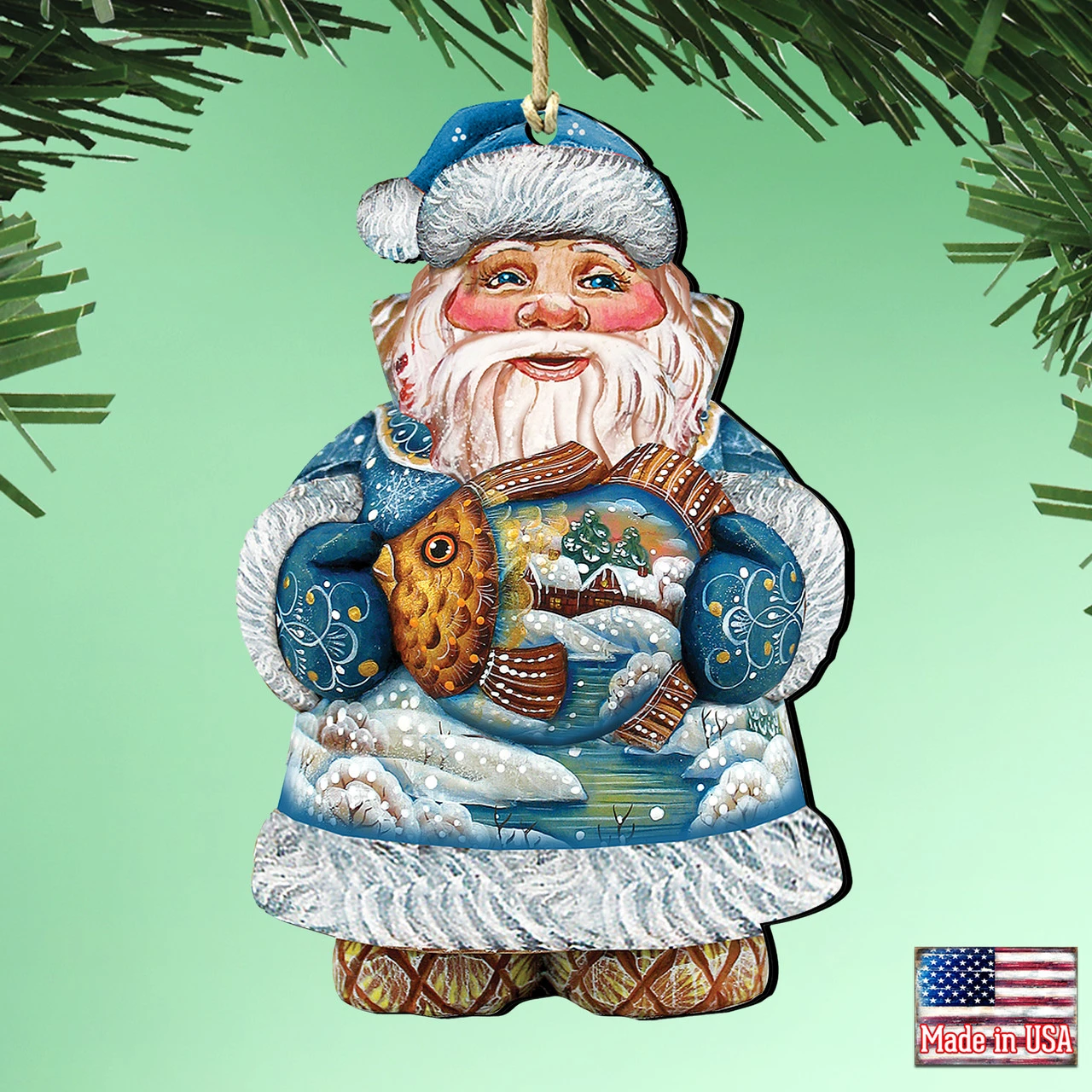 Set Of 2 Santa Claus Goldfish Wooden Christmas Ornaments 5.5" - Image 2