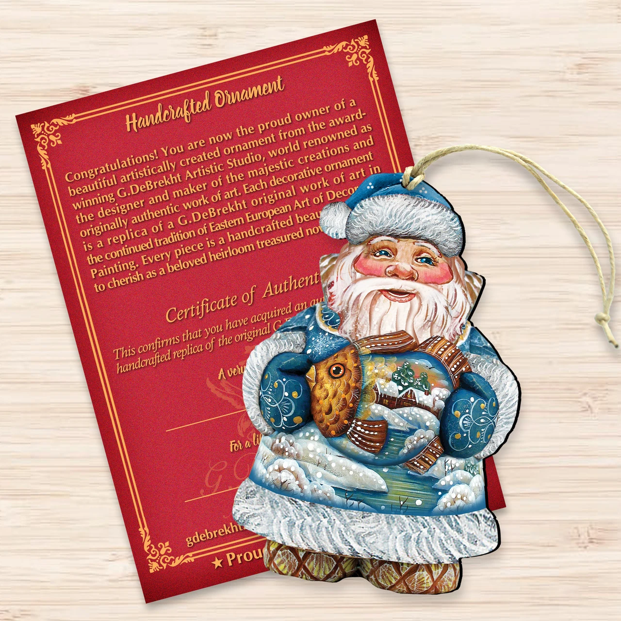 Set Of 2 Santa Claus Goldfish Wooden Christmas Ornaments 5.5" - Image 3