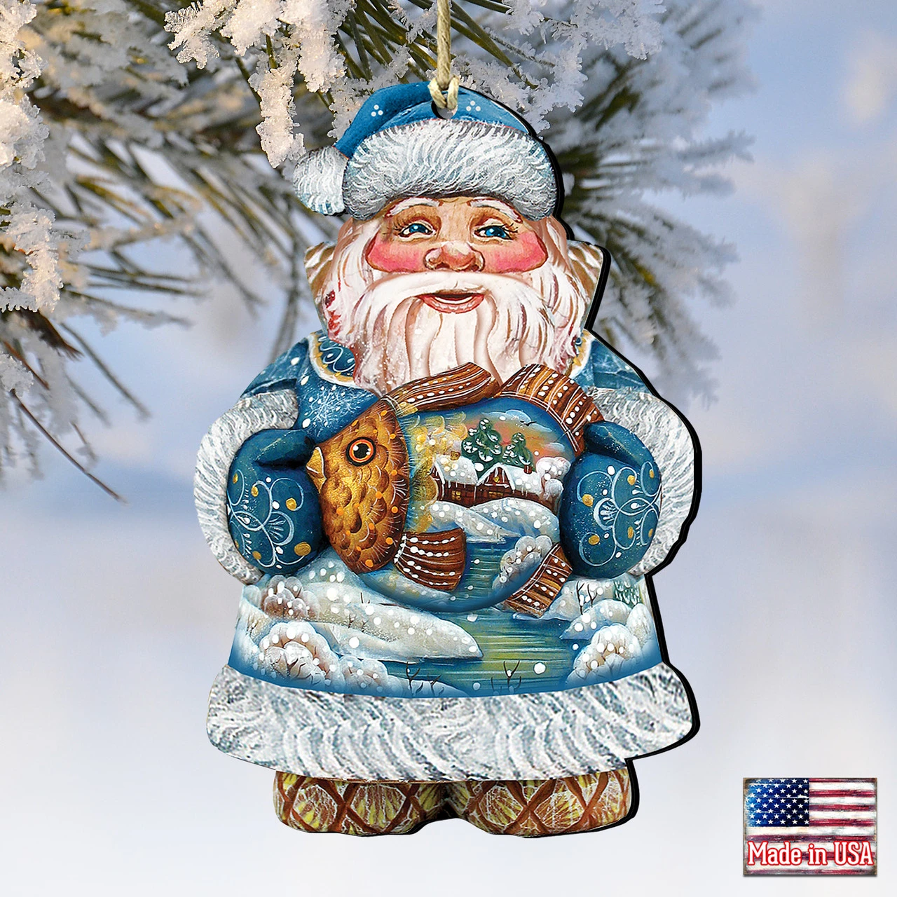 Set Of 2 Santa Claus Goldfish Wooden Christmas Ornaments 5.5" - Image 4