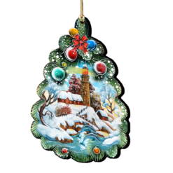 Set Of 2 Lighthouse Christmas Tree Wooden Ornaments 5.5"