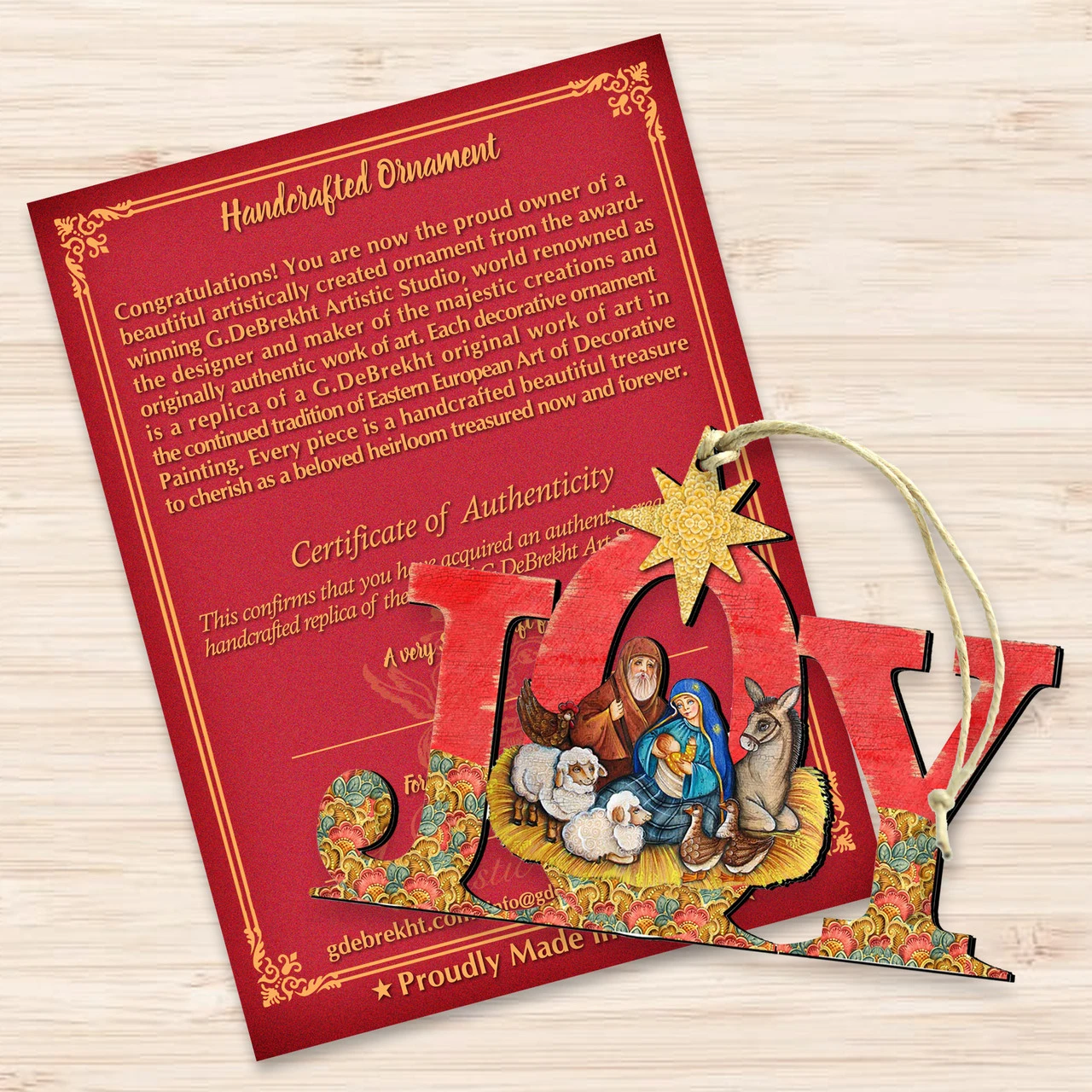 Set Of 2 Nativity Scenery "Joy" Wooden Christmas Ornaments 5.5" - Image 3