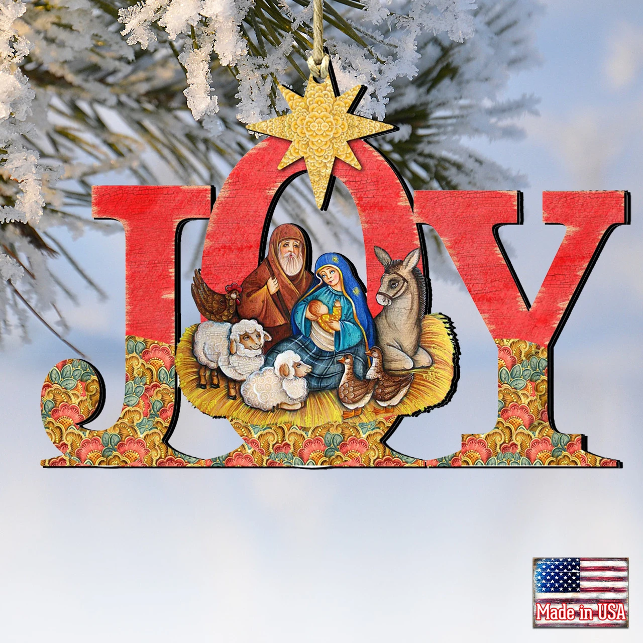 Set Of 2 Nativity Scenery "Joy" Wooden Christmas Ornaments 5.5" - Image 4