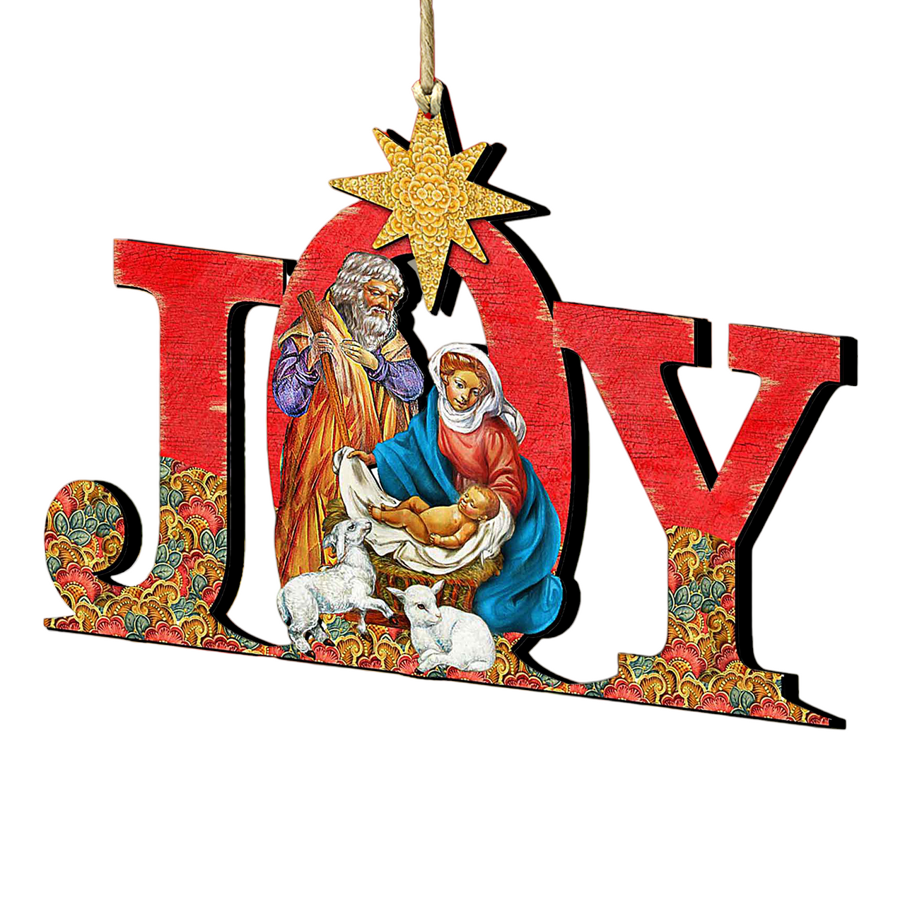 Set Of 2 Magnificent Nativity "Joy" Wooden Christmas Ornaments 5.5"