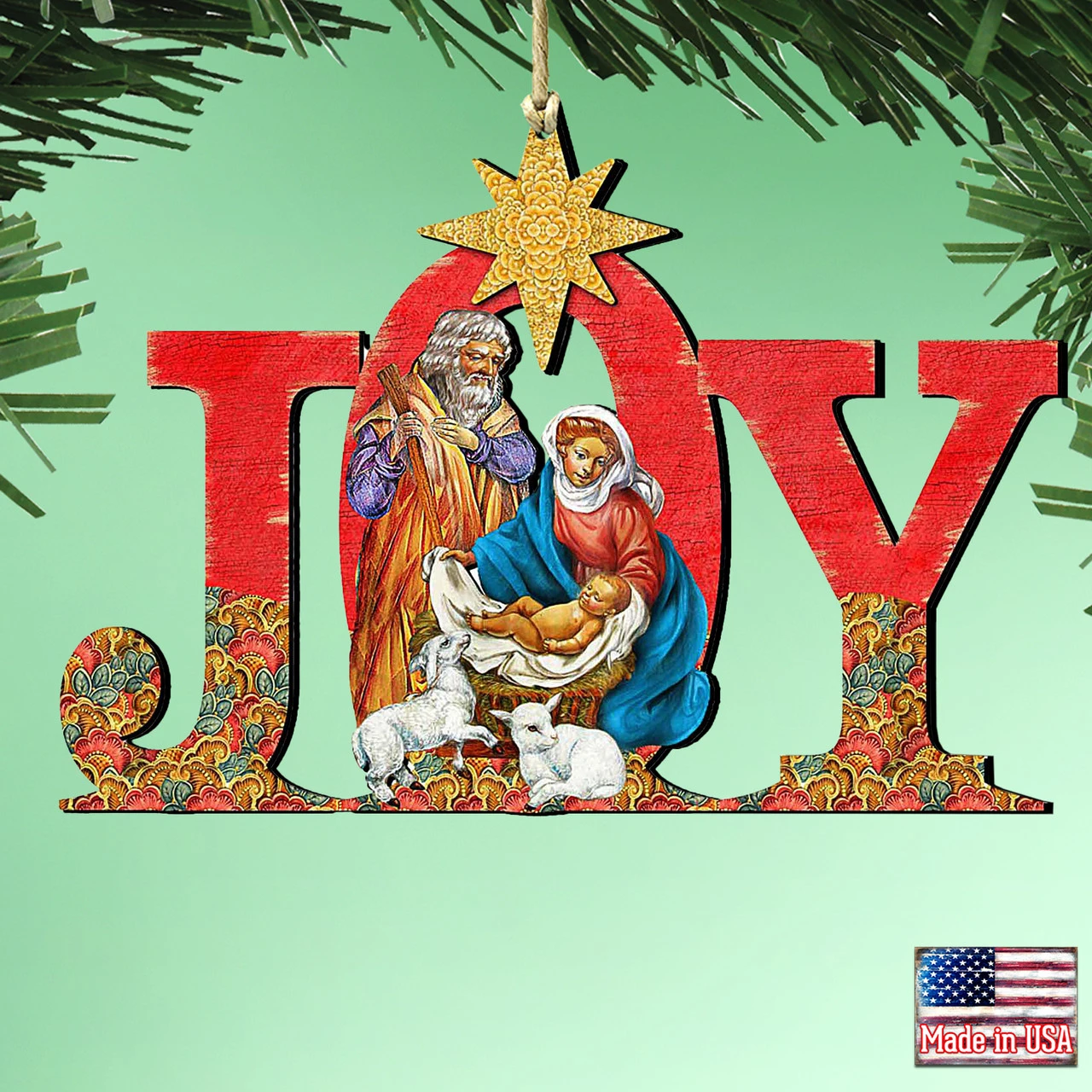 Set Of 2 Magnificent Nativity "Joy" Wooden Christmas Ornaments 5.5" - Image 2