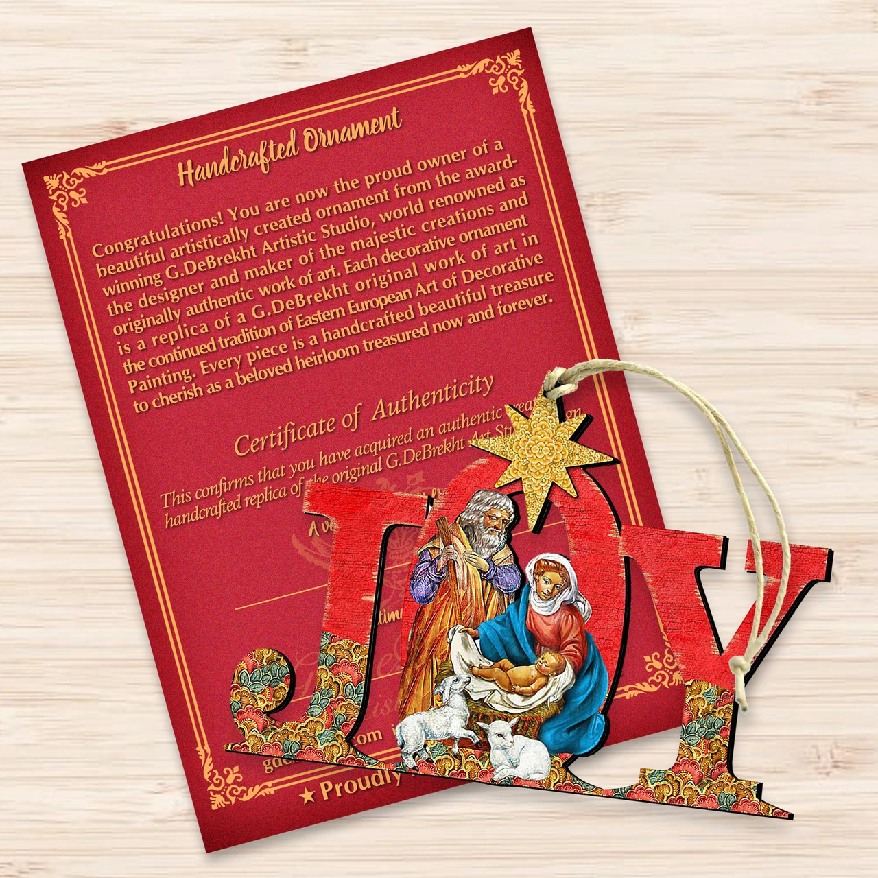 Set Of 2 Magnificent Nativity "Joy" Wooden Christmas Ornaments 5.5" - Image 3