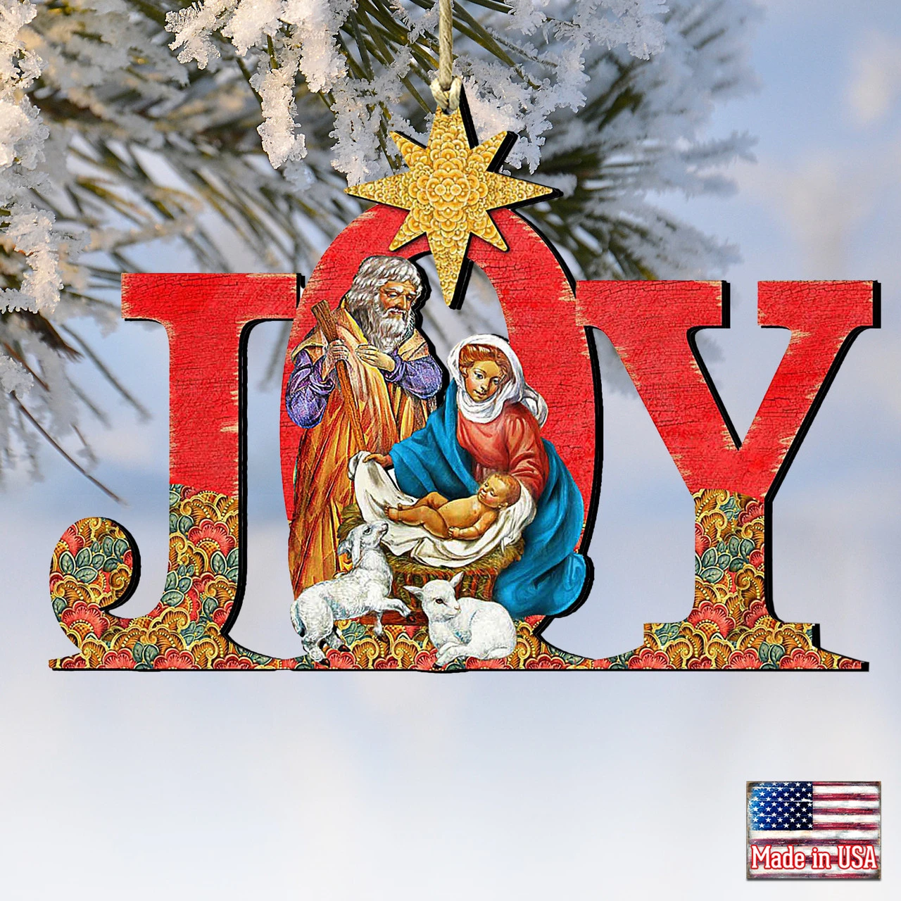 Set Of 2 Magnificent Nativity "Joy" Wooden Christmas Ornaments 5.5" - Image 4