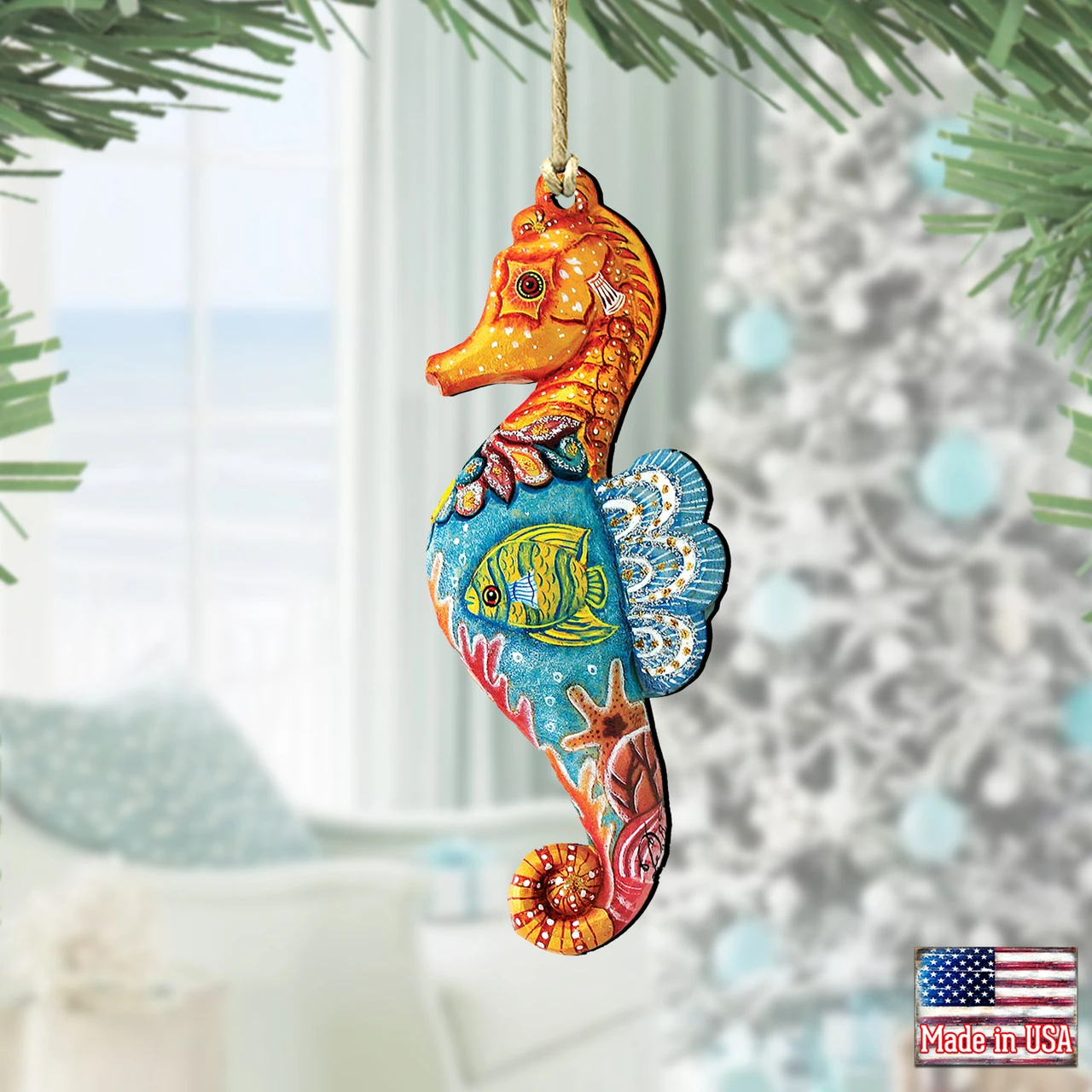 Set Of 2 Coastal Seahorse Wooden Christmas Ornaments 5.5" - Image 2