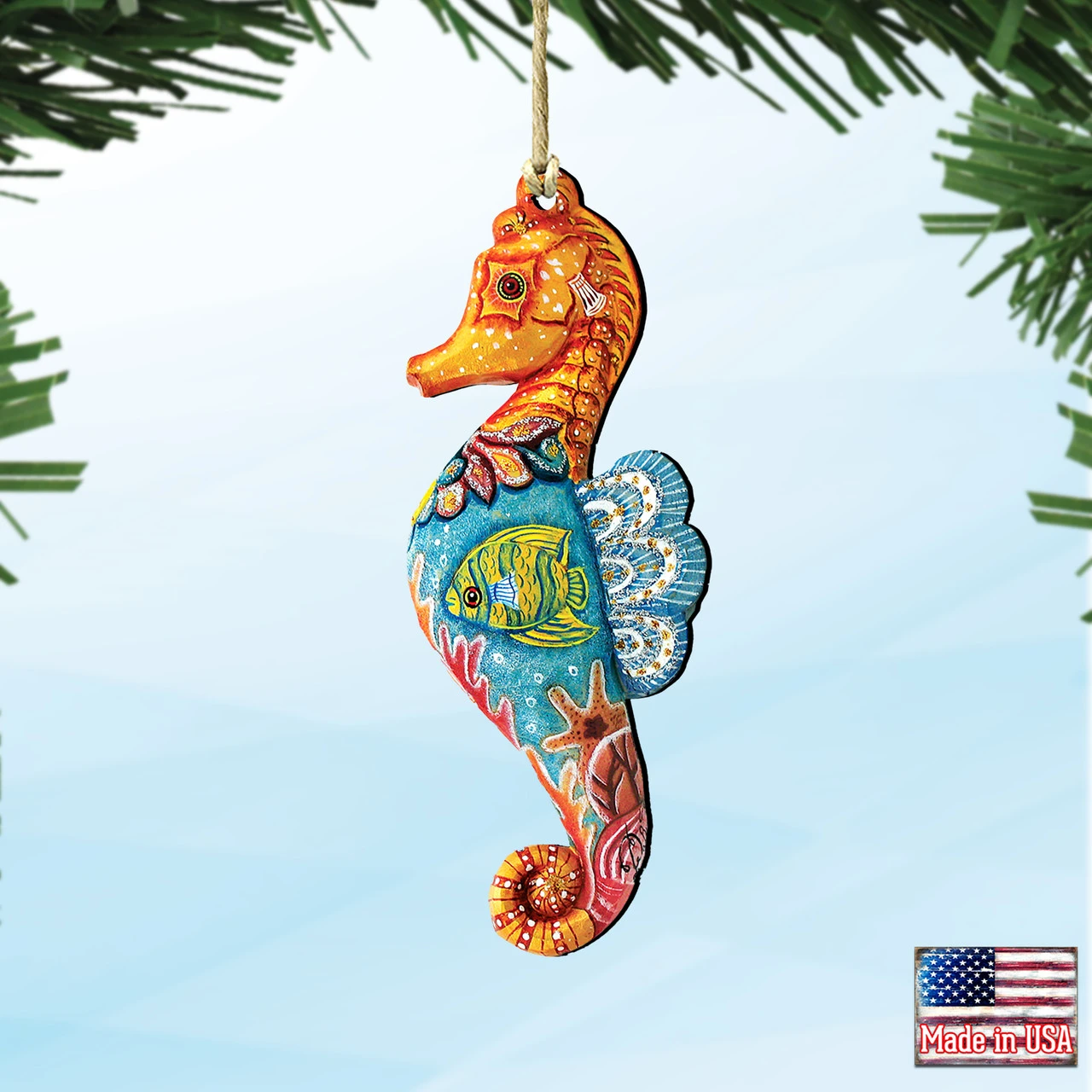 Set Of 2 Coastal Seahorse Wooden Christmas Ornaments 5.5" - Image 4