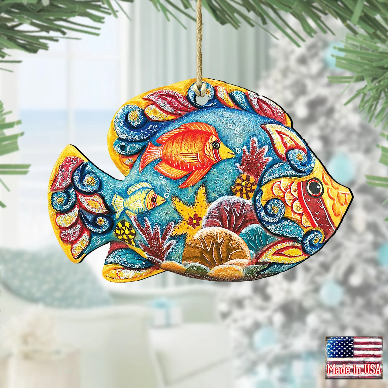 Set Of 2 Vivid Tropical Fish Wooden Christmas Ornaments 5.5" - Image 2