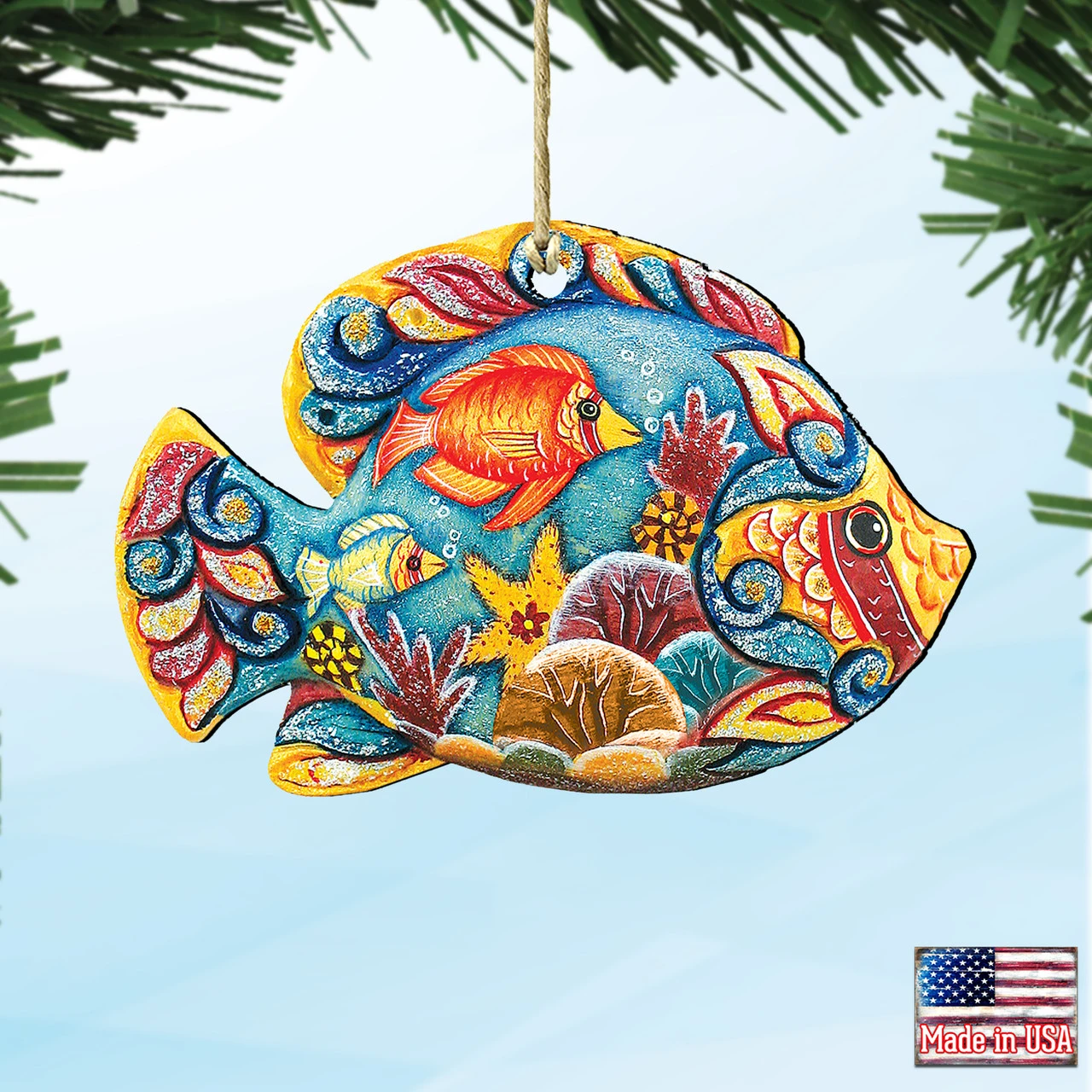 Set Of 2 Vivid Tropical Fish Wooden Christmas Ornaments 5.5" - Image 4