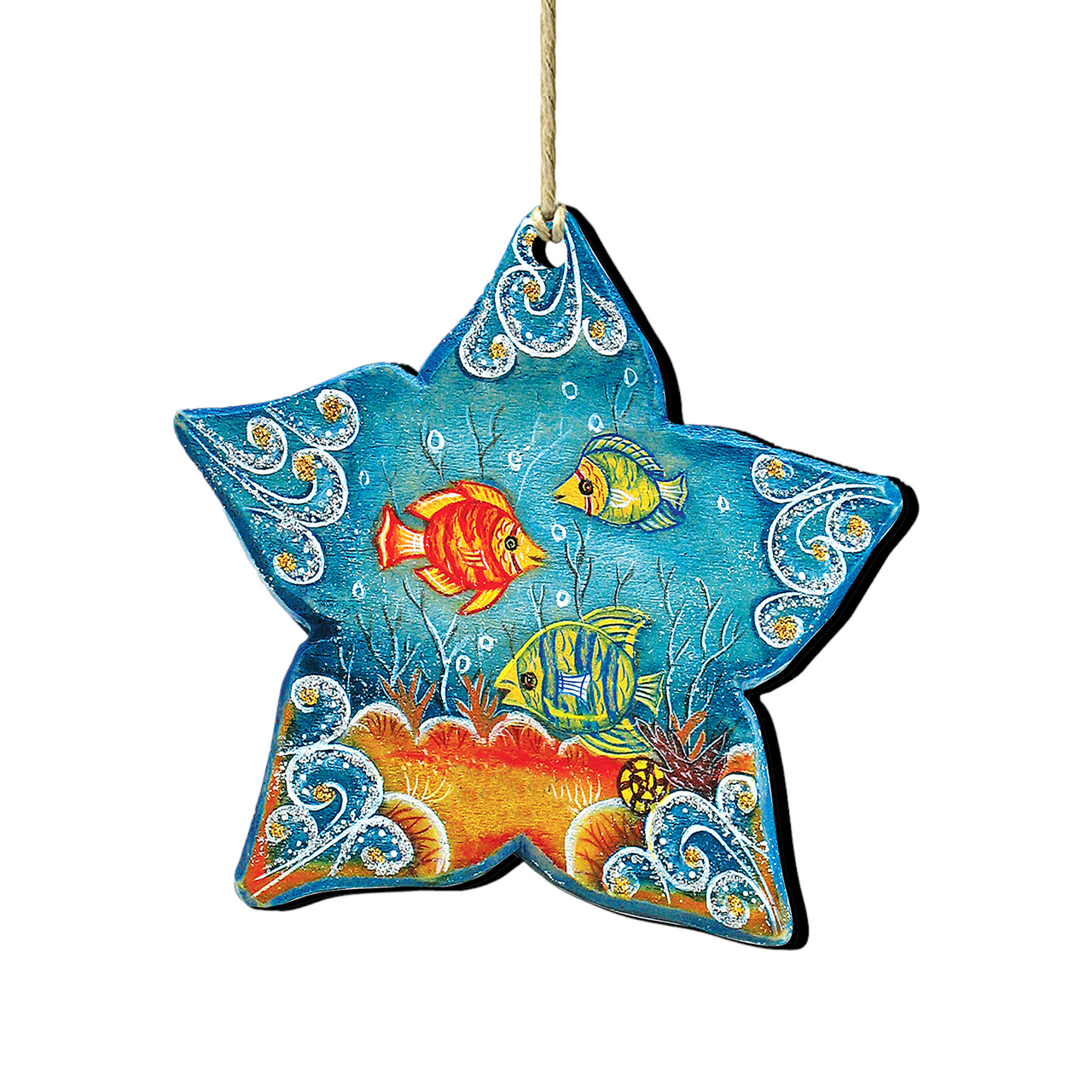 Set Of 2 Sea Star Seaside Wooden Christmas Ornaments 5.5"