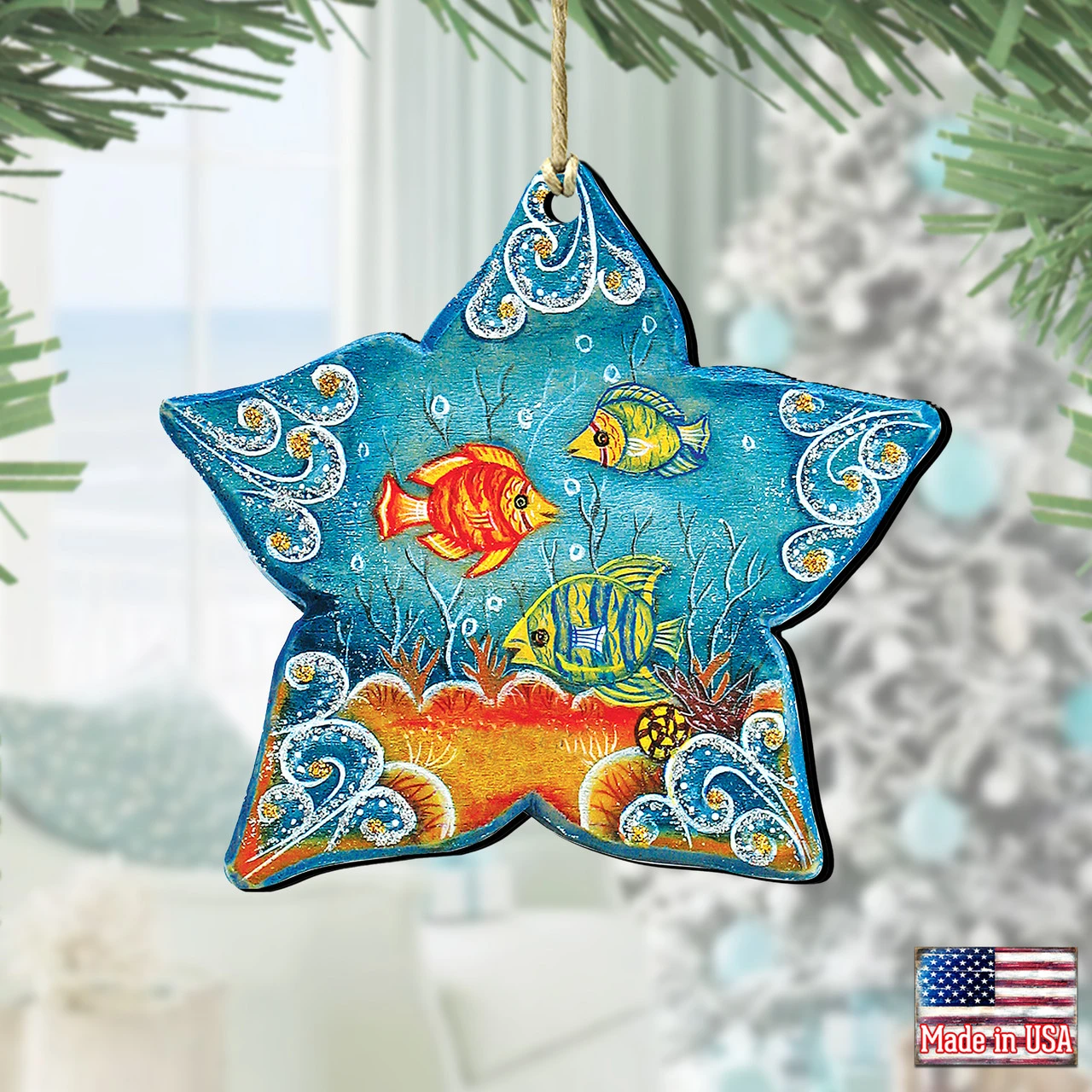 Set Of 2 Sea Star Seaside Wooden Christmas Ornaments 5.5" - Image 2