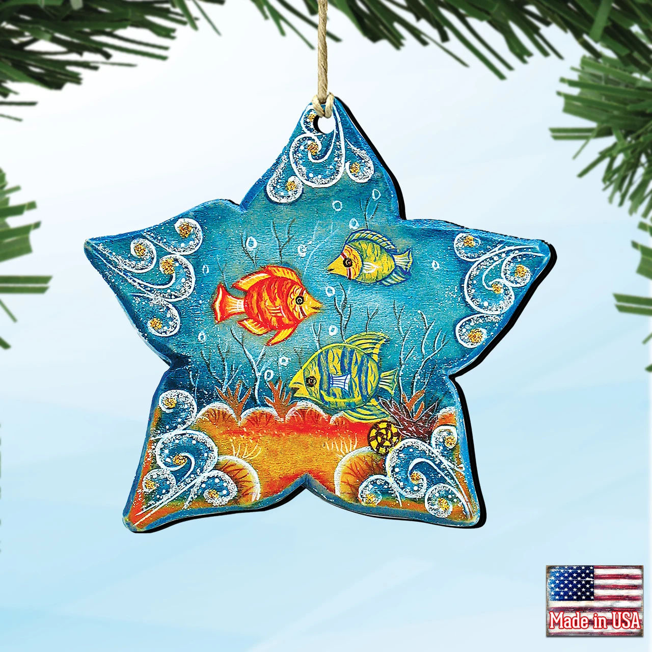 Set Of 2 Sea Star Seaside Wooden Christmas Ornaments 5.5" - Image 4