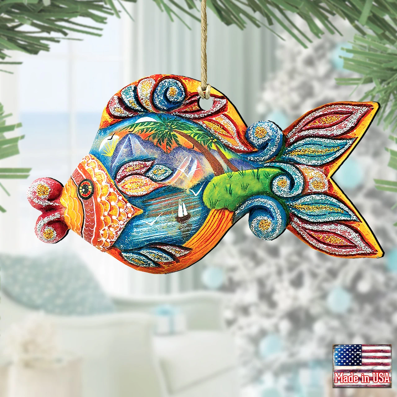Set Of 2 Coastal Paradise Fish Wooden Christmas Ornaments 5.5" - Image 2