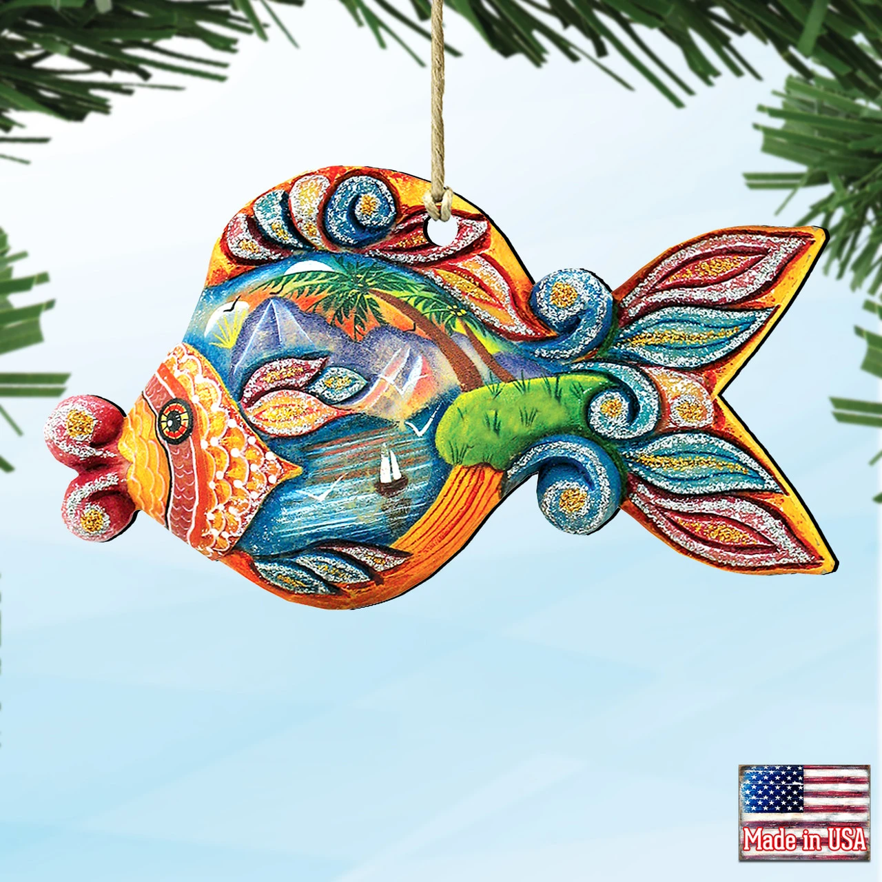 Set Of 2 Coastal Paradise Fish Wooden Christmas Ornaments 5.5" - Image 4