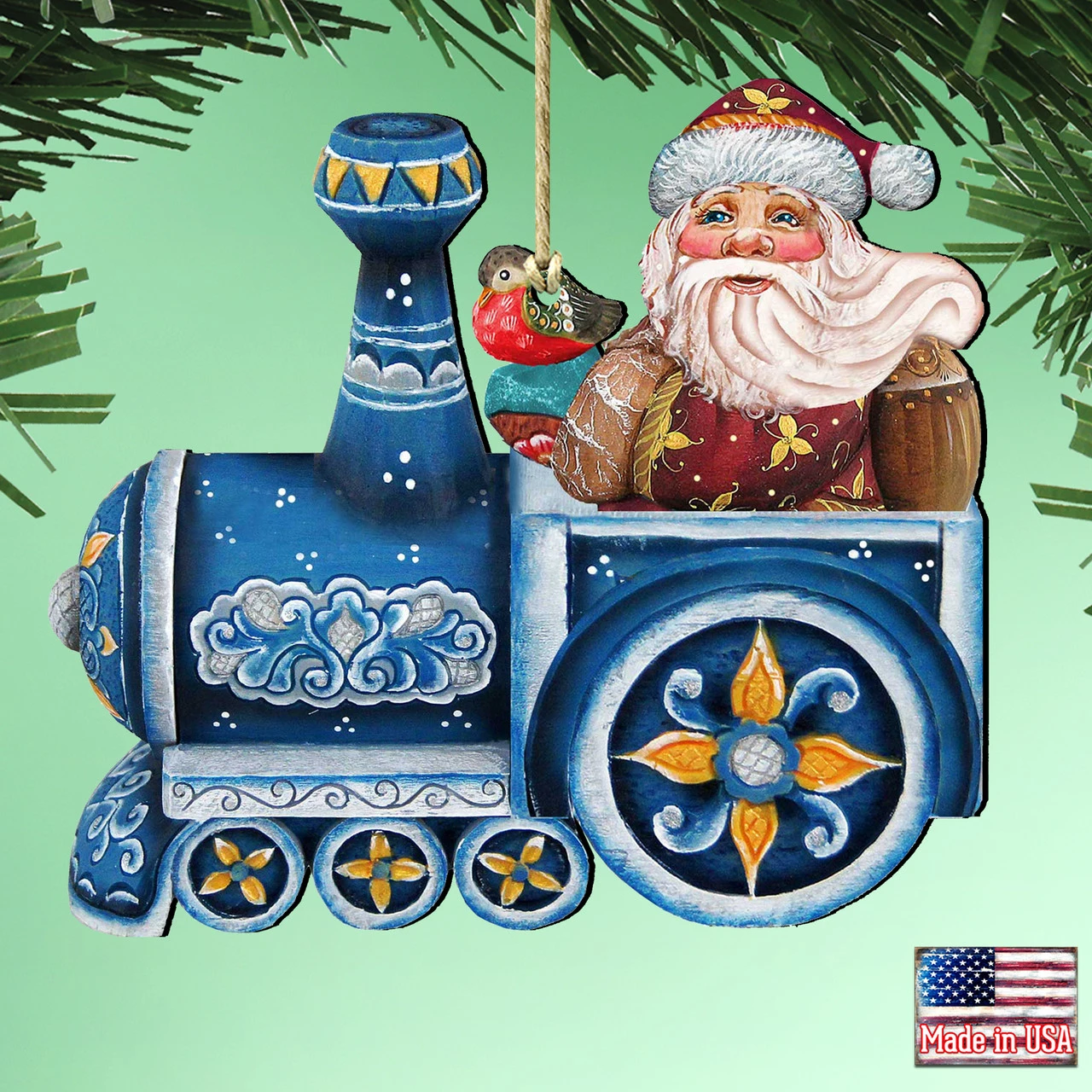 Set Of 2 Santa Claus Riding A Train Wooden Christmas Ornaments 5.5" - Image 2