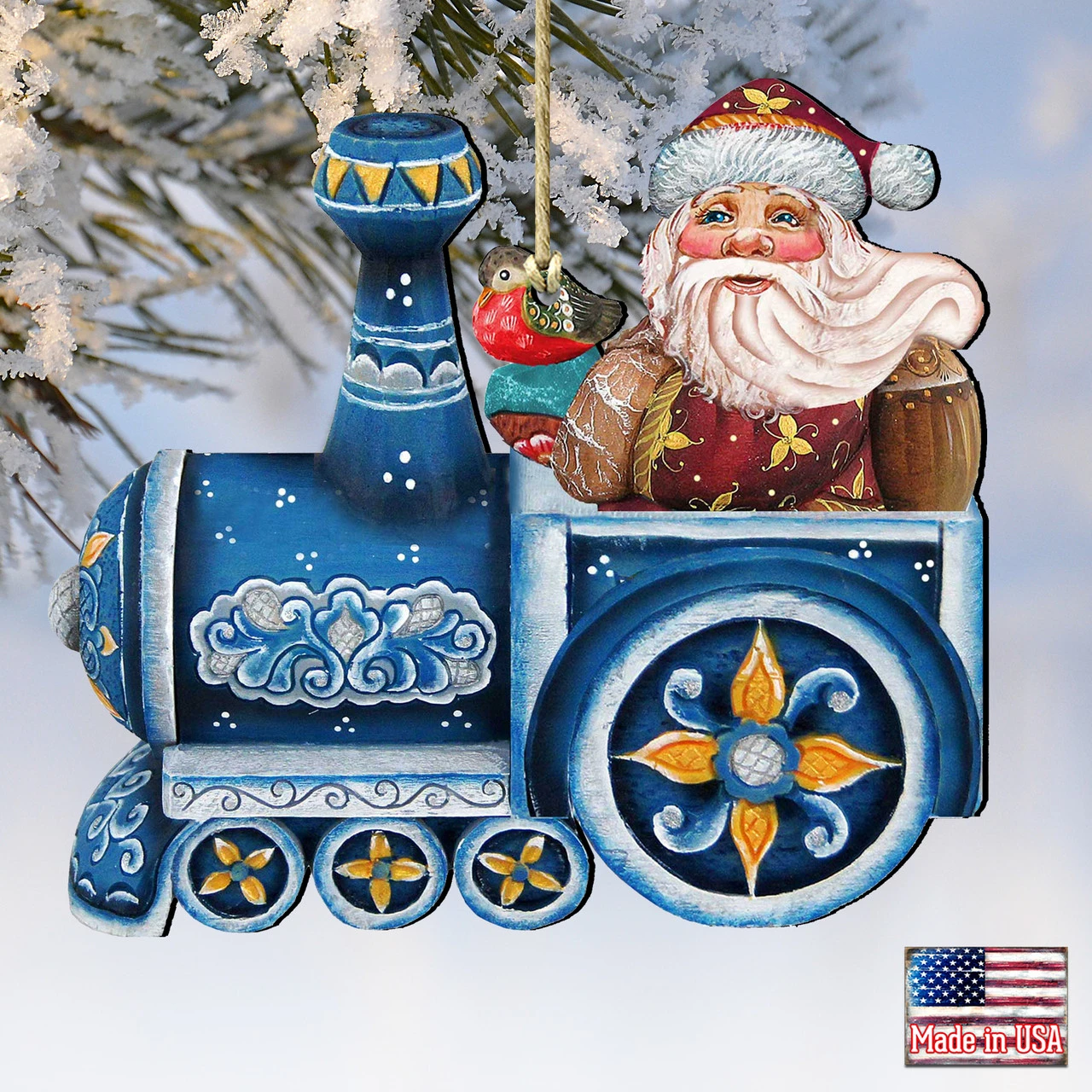 Set Of 2 Santa Claus Riding A Train Wooden Christmas Ornaments 5.5" - Image 4