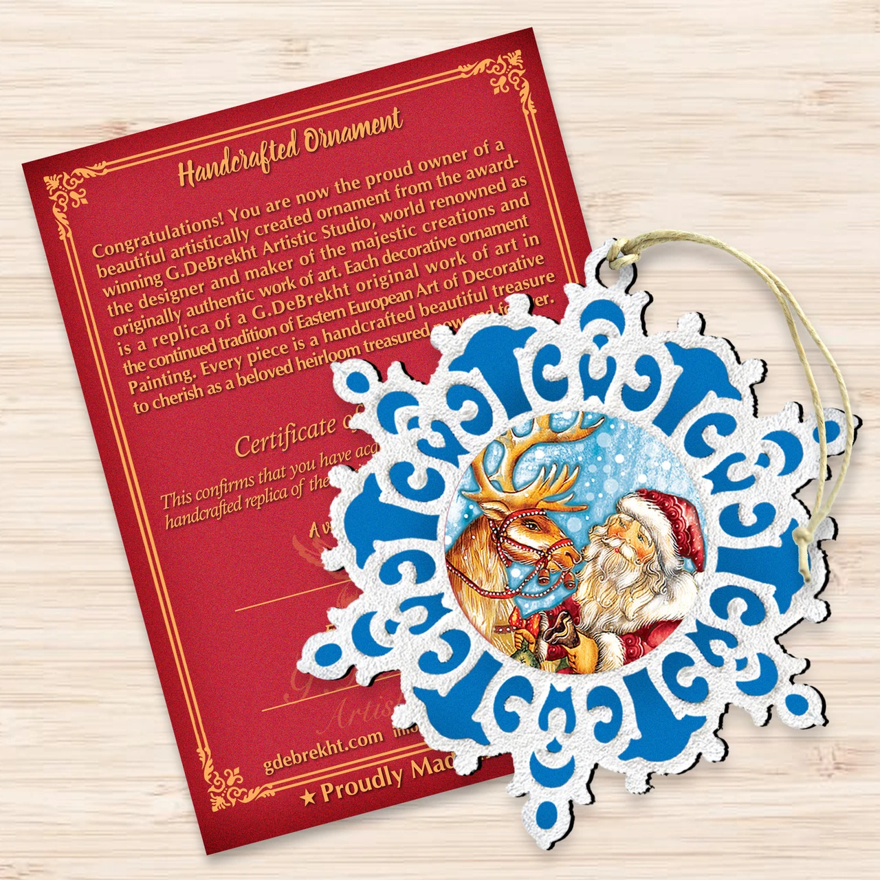 Set Of 2 Santa Reindeer Ride Snowflake Wooden Christmas Ornaments 5.5" - Image 3