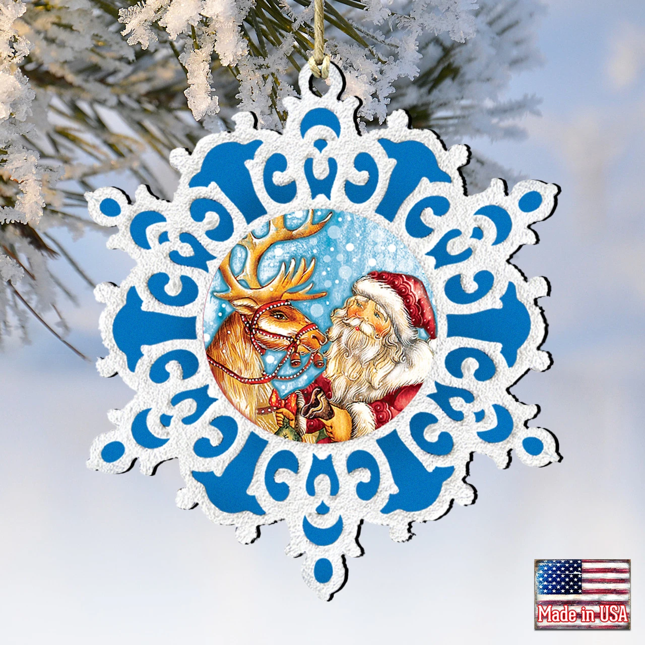 Set Of 2 Santa Reindeer Ride Snowflake Wooden Christmas Ornaments 5.5" - Image 4