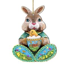 Set Of 2 Easter Bunny Egg With A Chick Wooden Christmas Ornaments 5.5"