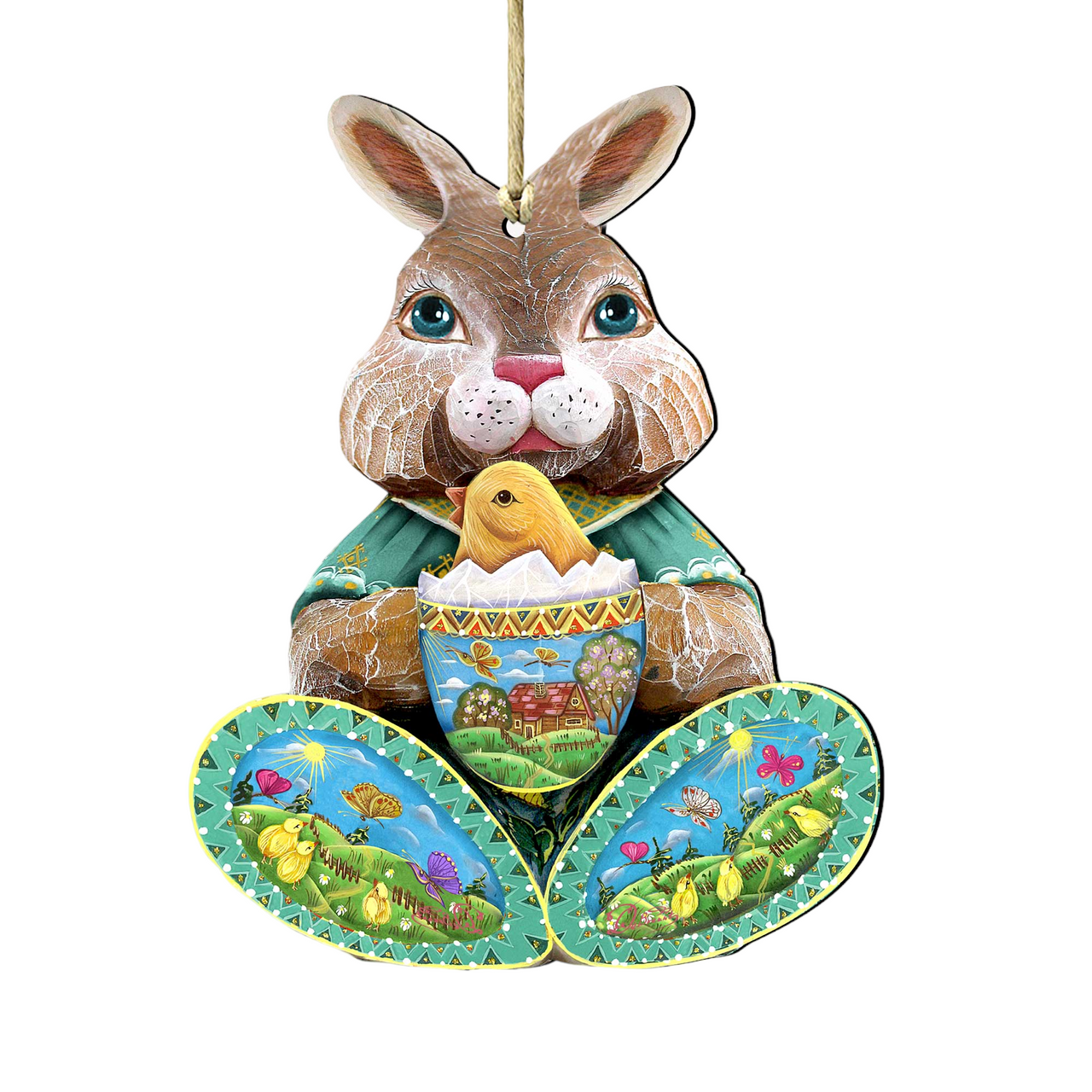 Set Of 2 Easter Bunny Egg With A Chick Wooden Christmas Ornaments 5.5"