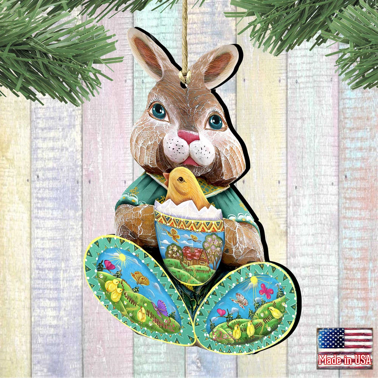 Set Of 2 Easter Bunny Egg With A Chick Wooden Christmas Ornaments 5.5" - Image 2