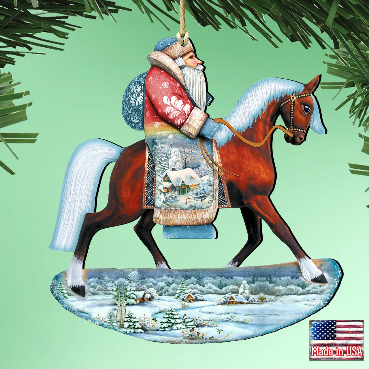 Set Of 2 Santa Horse Ride Wooden Christmas Ornaments 5.5" - Image 2