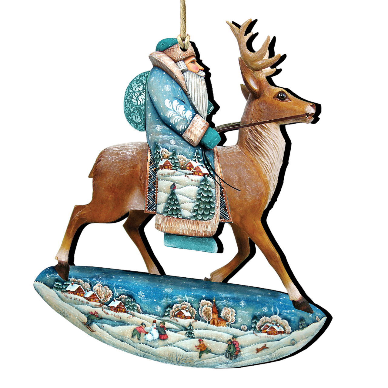 Set Of 2 Santa Rides A Reindeer Wooden Christmas Ornaments 5.5"