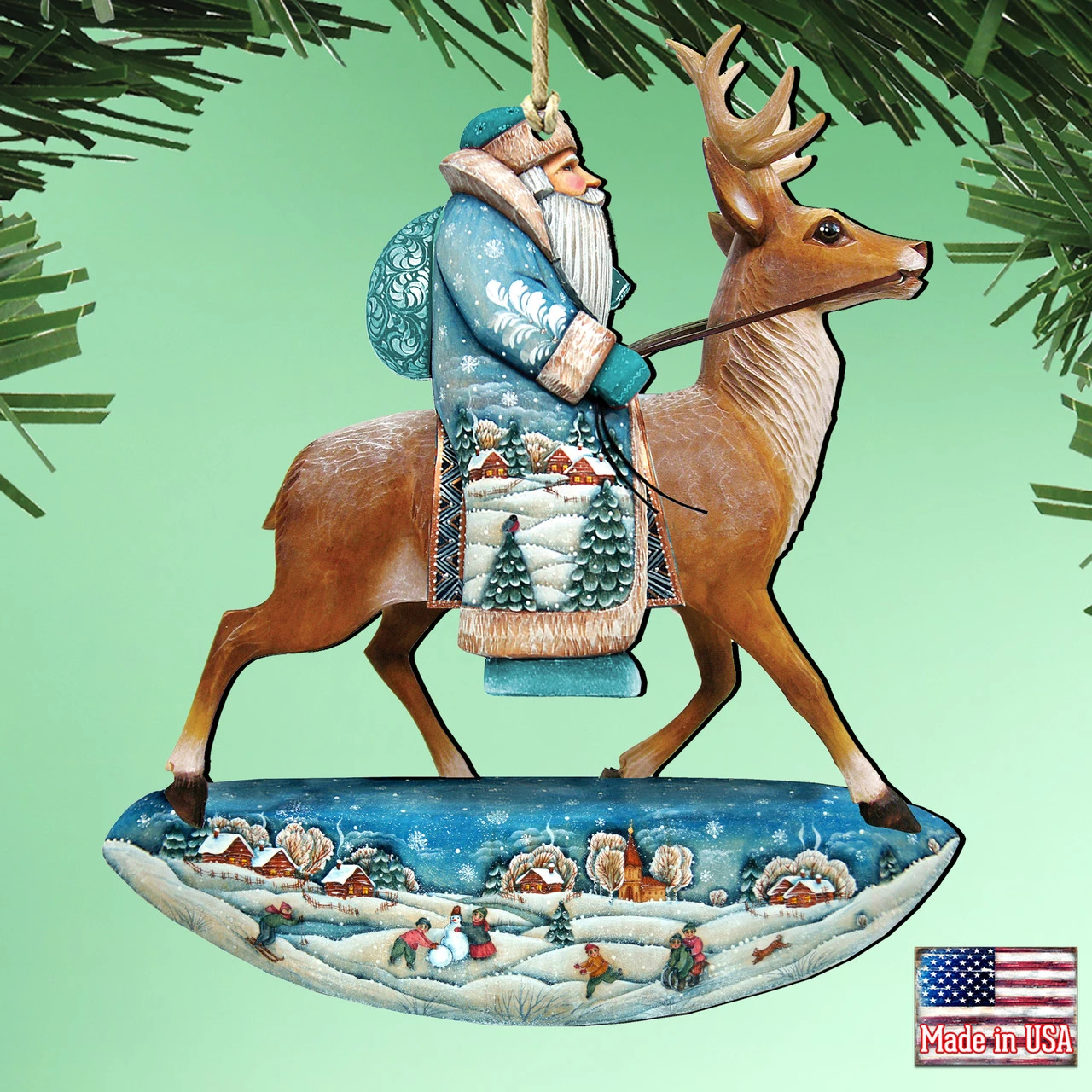 Set Of 2 Santa Rides A Reindeer Wooden Christmas Ornaments 5.5" - Image 2