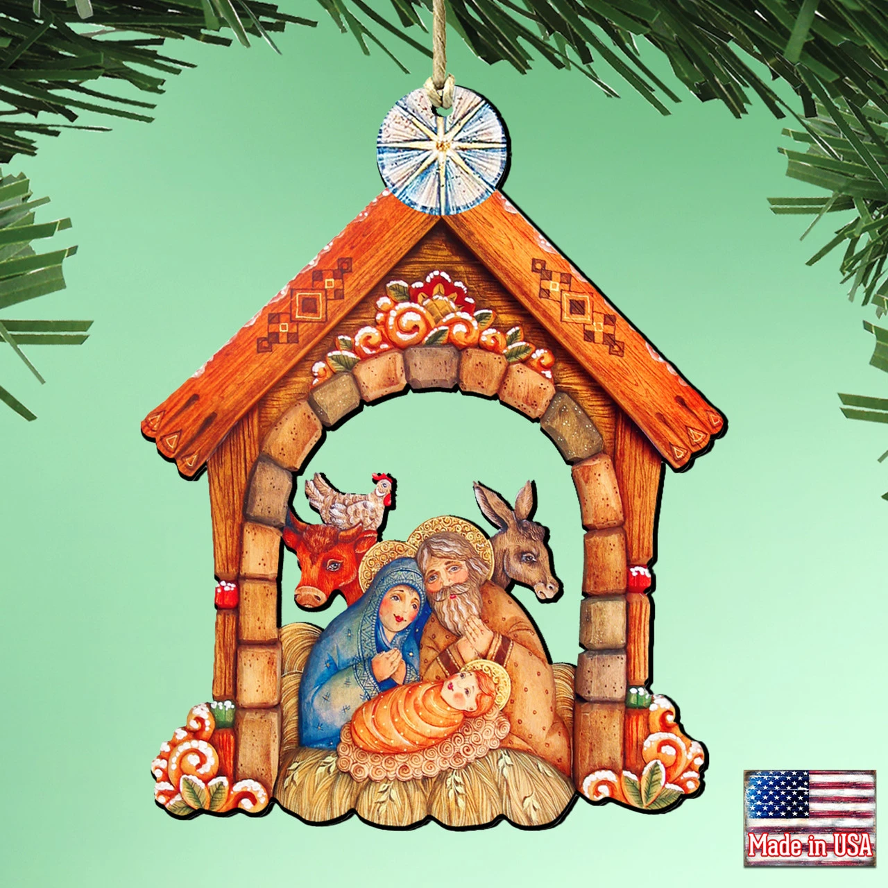 Set Of 2 Nativity House Scene Wooden Christmas Ornaments 5.5" - Image 2