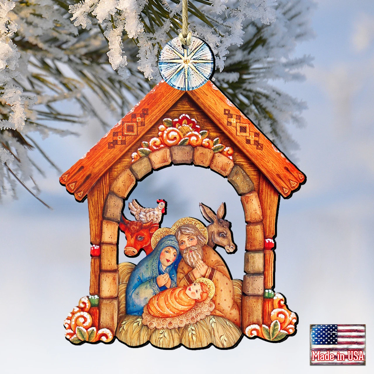 Set Of 2 Nativity House Scene Wooden Christmas Ornaments 5.5" - Image 4