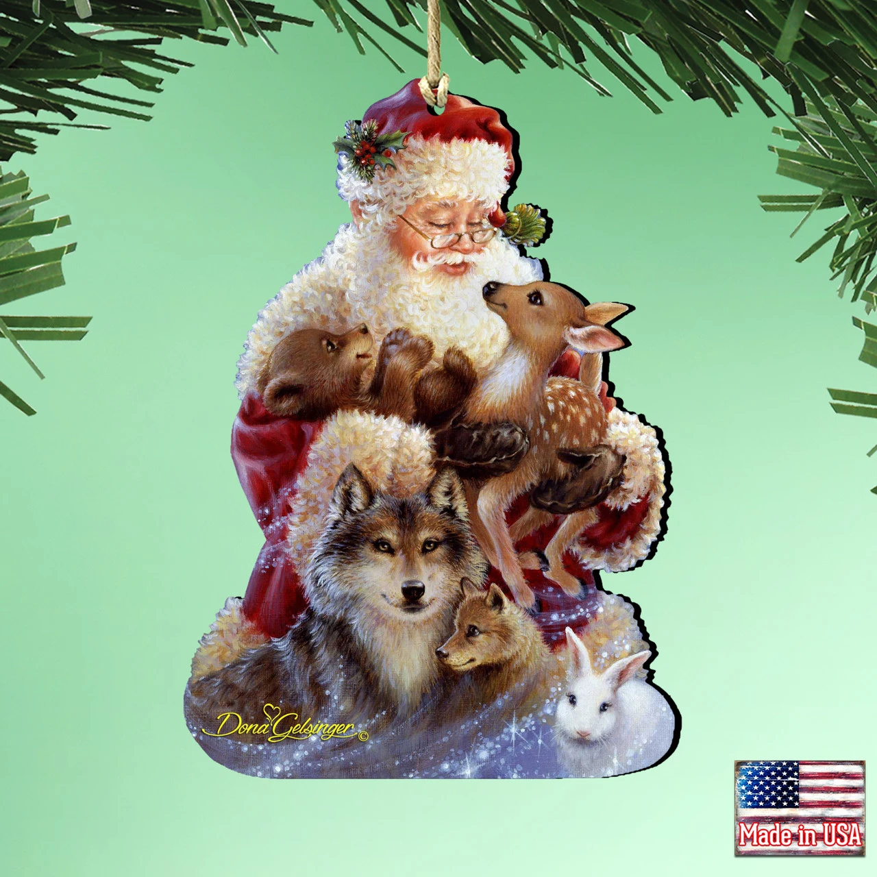 Set Of 2 Santa With Forest Friends Wooden Christmas Ornaments 5.5" - Image 2