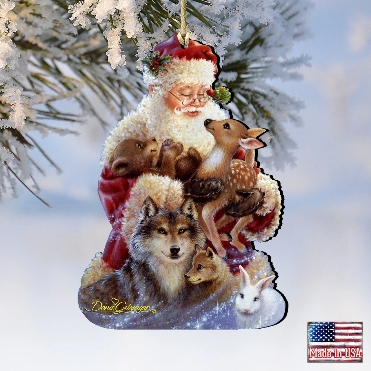 Set Of 2 Santa With Forest Friends Wooden Christmas Ornaments 5.5" - Image 4