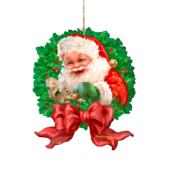 Set Of 2 Santa Berry Wreath Wooden Christmas Ornaments 5.5"