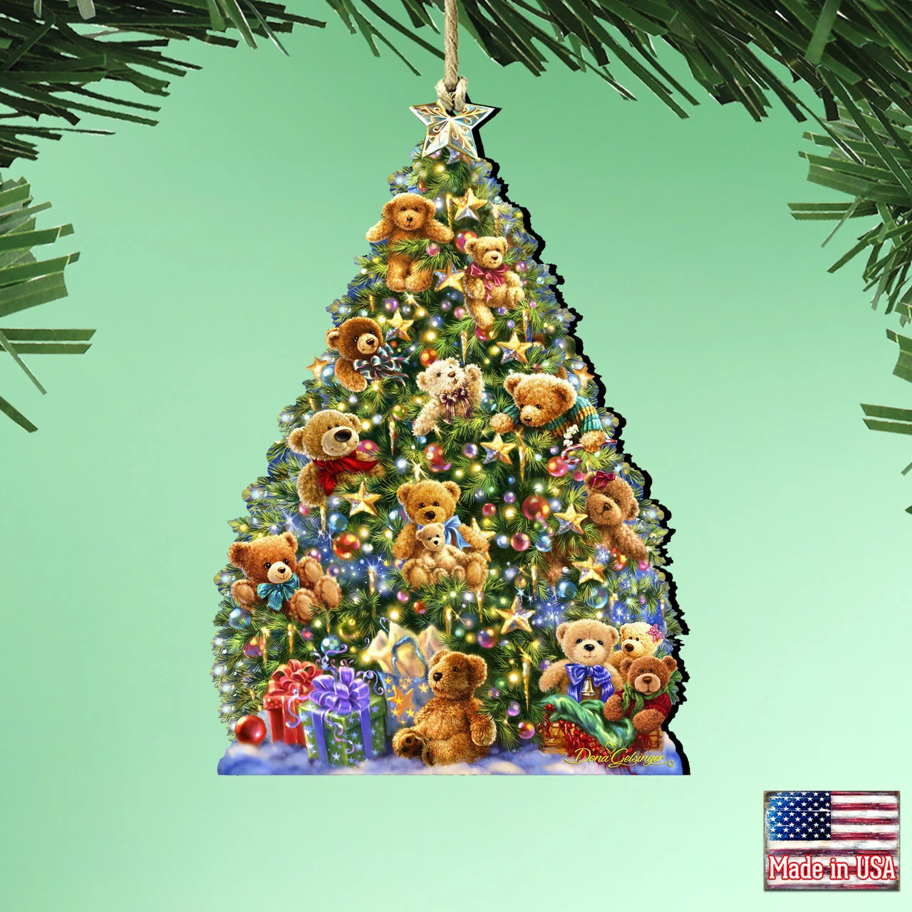 Set Of 2 Teddy Bear Tree With Gifts Wooden Christmas Ornaments 5.5" - Image 2