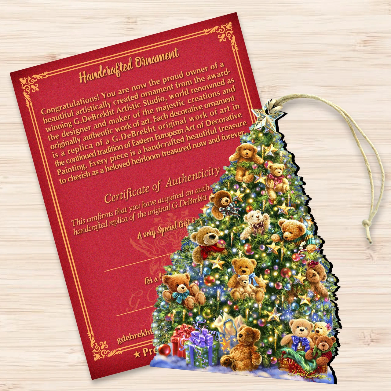 Set Of 2 Teddy Bear Tree With Gifts Wooden Christmas Ornaments 5.5" - Image 3