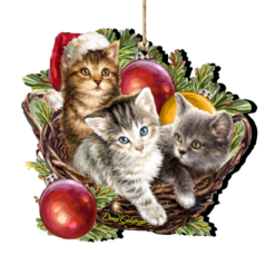 Set Of 2 Kittens In A Basket Wooden Christmas Ornaments 5.5"