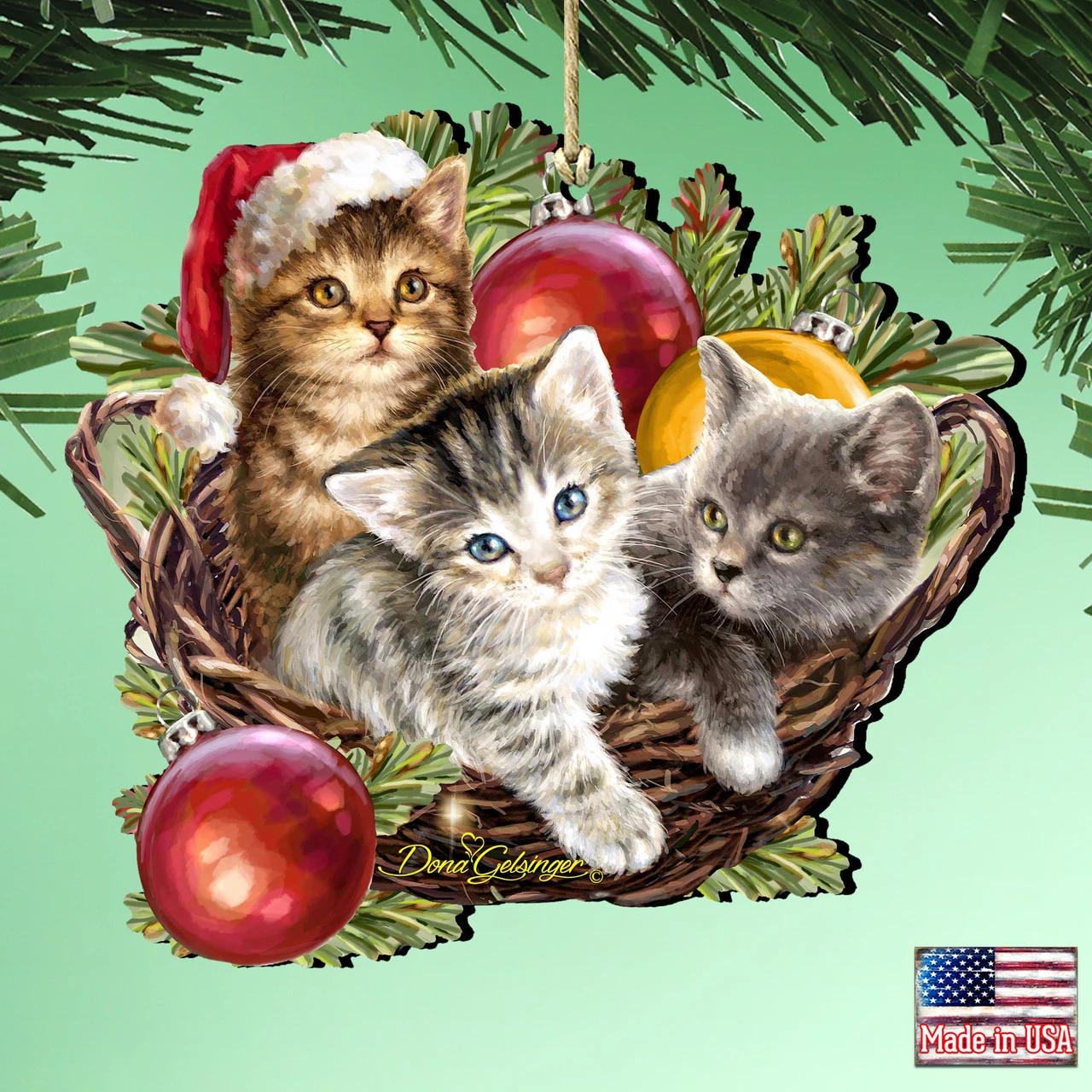 Set Of 2 Kittens In A Basket Wooden Christmas Ornaments 5.5" - Image 2