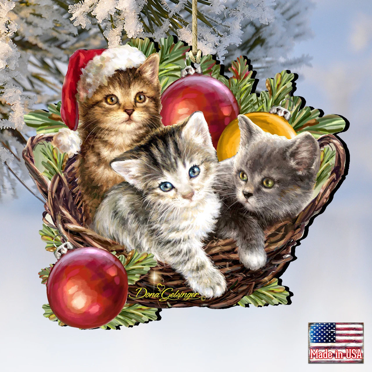 Set Of 2 Kittens In A Basket Wooden Christmas Ornaments 5.5" - Image 4