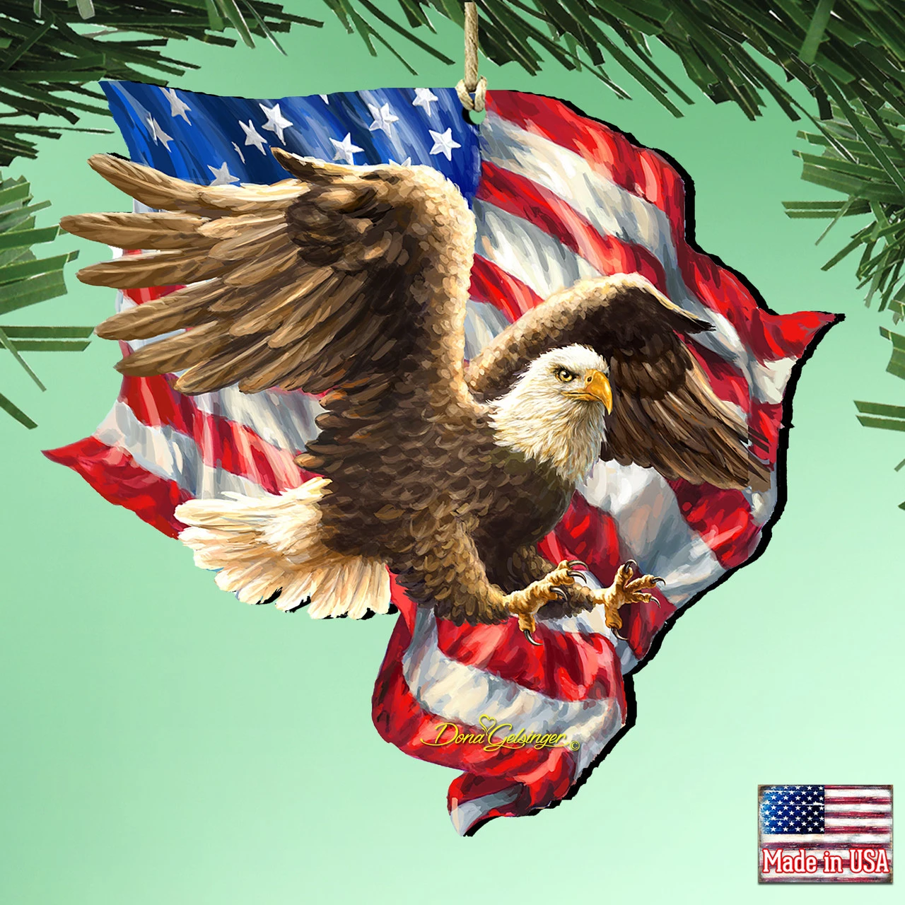 Set Of 2 American Independence Eagle Wooden Ornaments 5.5" - Image 2